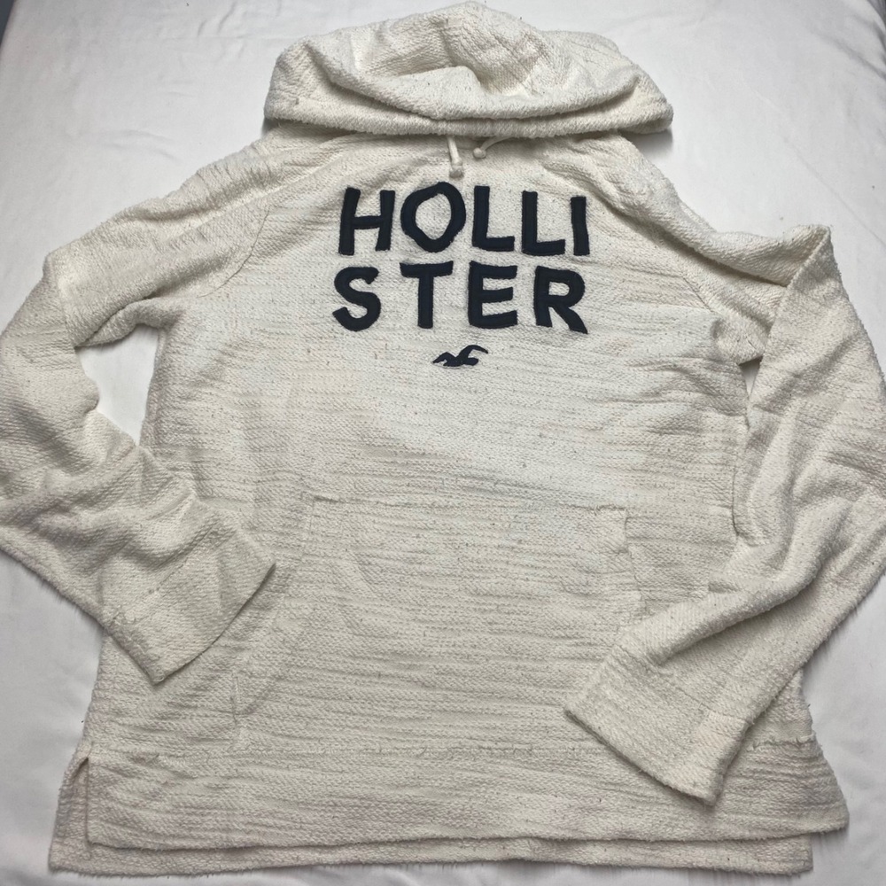 Hollister California Cream White Textured Slub Logo Pullover Hoodie Large